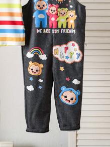 SHEIN Set de 2 piezas de camiseta a rayas de colores y pantalones tipo babero con estampado de dibujos adorables para bebé niño, perfecto para usar en verano - Multicolor - Ver 6