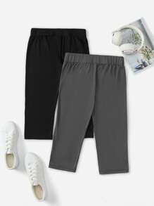 SHEIN EZwear 2pcs Women Letter Print Black And Gray Versatile Capri Skinny Casual Leggings, Suitable For Summer - Multicolor - View 2