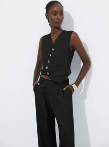 Aveloria Modichic Women's Solid Color Single-Breasted Vest And Pants Suit - Black - View 4