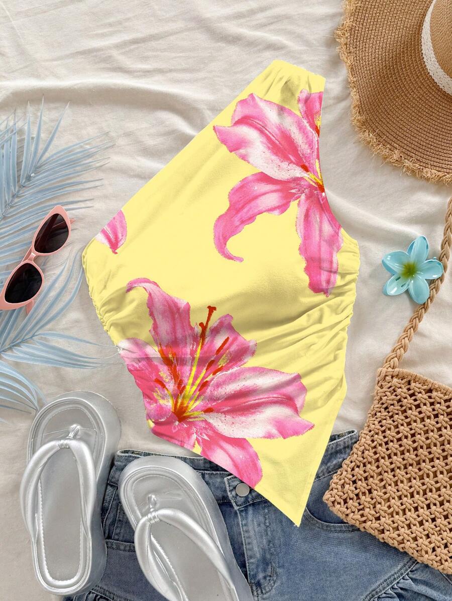 Soleia Casual Large Floral Pattern One Shoulder Fitted Cropped Asymmetric Women Top, Suitable For Summer Vacation,Rave Top Suitable For Going Out - Multicolor - View 1