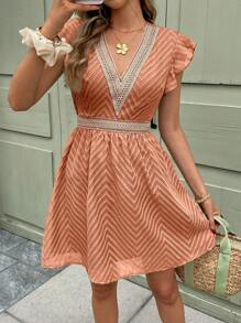SHEIN Frenchy 夏季度假休闲撞色拼接盖袖连衣裙 - 亮橙色 - 查看 5
