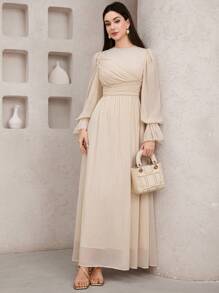 Veilorie Ladies' Solid Color Round Neck Ruffle Sleeve Elegant Arabic Style Dress  Soft Dresses  Yellow Dress  Wedding Guest Dress Women  Summer Outfits For Women, Modest - Apricot - View 6