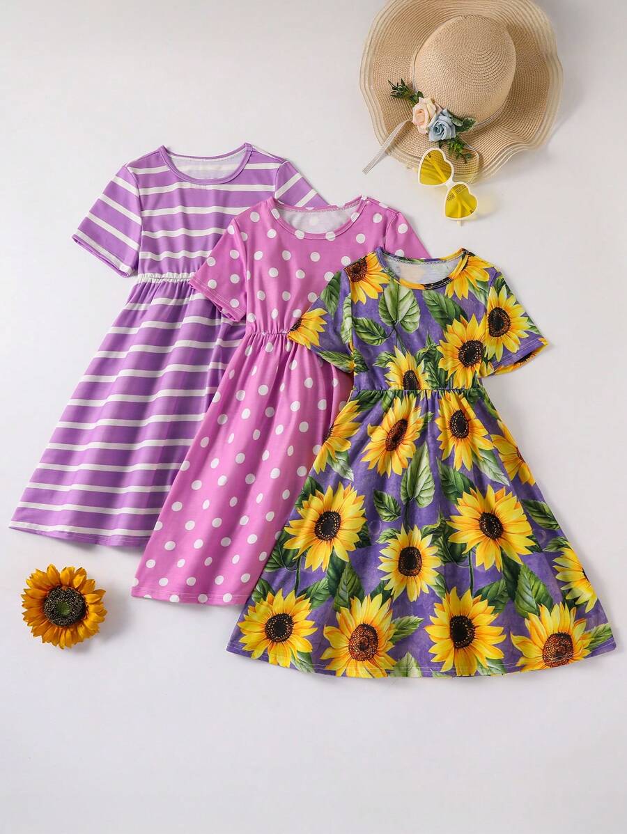 3 Packs Girls' Striped, Polka Dot, Sunflower Printed Casual Short Sleeve Dress, Summer, School, Campus, College - Purple - View 1