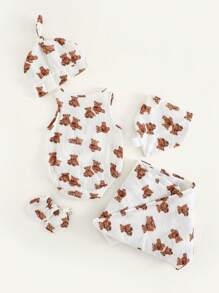 Cozy Pixies Babyflickor 5-delars set: Body med tecknad björnmönster, mössa, vantar, filt, haklapp, presentask - Vitt - Visa 2