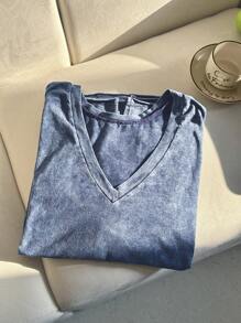SHEIN Unity Women's Grey Blue Denim Washed V-Neck Back Side Slit Loose Fit Short Sleeve T-Shirt,Soft & Comfortable Vintage Casual Summer City Break Daily Wear - Blue - View 5