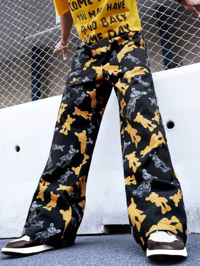 Manfinity EMRG Men's Elastic Waist All-Over Print Casual Pants, Everyday Wear Men Street Wear Pants