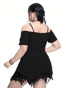 ROMWE Goth Große Größen Sommer Strandkonzert T-Shirt, Damen Rave T-Shirt Festival Streetwear Gotischer mysteriöser Katze Stern Totenkopf Muster asymmetrischer Saum Carmen-Bluse Off-Shoulder Spitzen Camisole Schwarz T-Shirt
