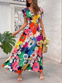 SHEIN Clasi Women Elegant V-Neck Cap Sleeve Floral Print Dress, Vacation Wear Wedding Guest Dress Women Graduation Dress Vacation Outfits - Multicolor - View 6