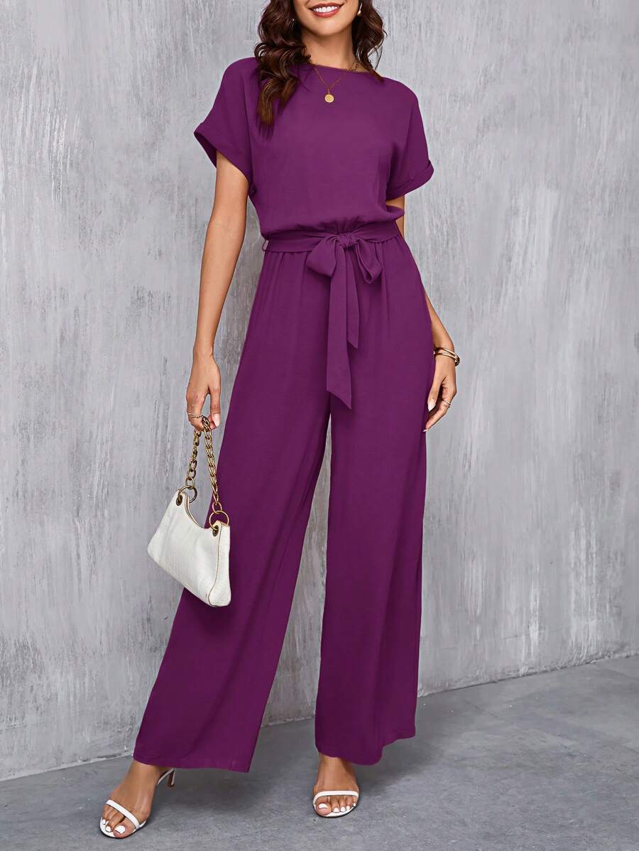 SHEIN Clasi Women's Elegant Round Neck Romper With Belted Waist & Wide Leg Purple - Red Violet - View 1