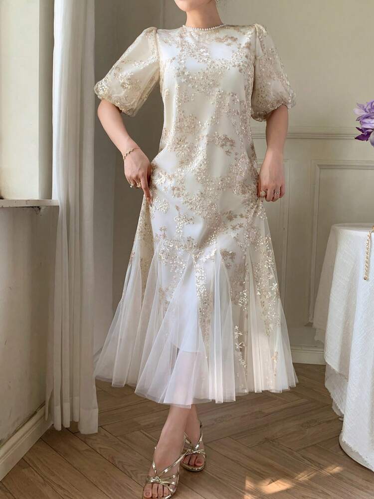 Women's Summer Wedding Party Sequin Beaded Dress, Sequins Sequins Decor Flared Mermaid Mesh Patchwork Dress Luxury Prom Dress New Years Women Outfit Sparkly Dress Maxi Dress