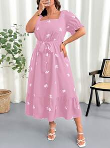 SHEIN Clasi Đầm tay bồng in họa tiết hoa cổ vuông cạp chun cỡ lớn cho nữ, thanh lịch và lãng mạn - Hồng - Xem 3
