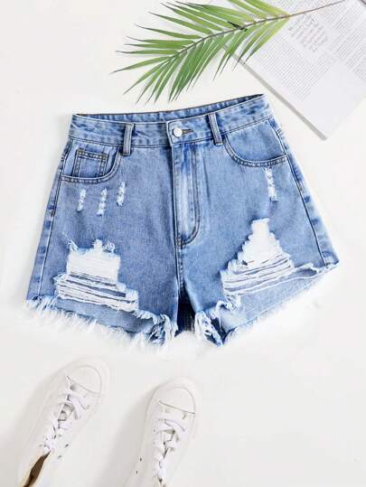 Women's Casual Pocket Distressed Frayed Hem Denim Shorts, Versatile