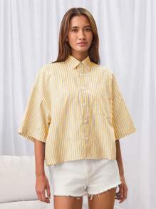 Manfinity BRENVOR 男女款休闲宽松条纹编织短袖短款衬衫 - 黃色 - 查看 5