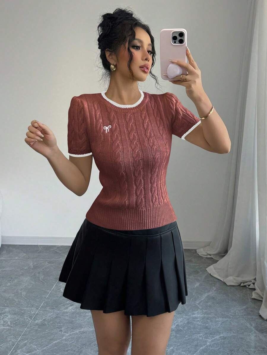 Elenzga Women's Crew Neck Bow Embroidery Short Sleeve Knit Top - Redwood - View 1