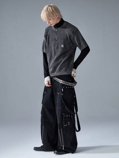 NEON BLANC Men's Street-Style Embroidered Knit Zip-Up Half Open Collar Short Sleeve Sweatshirt