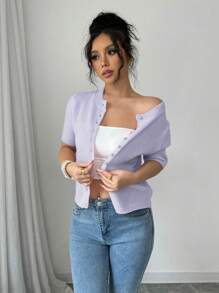 Gloray New Casual Loose Pink Minimalist Button Knitted Pullover Top Women Short Sleeve Sweater - Mauve Purple - View 8