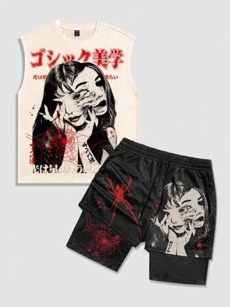 Anime 2pcs Men's Anime Streetwear Cartoon Y2K Print Tank Top Set