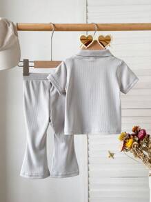 Infant Girls Casual POLO Shirt Short Sleeve Top And Flared Pants Set - Light Grey - View 2