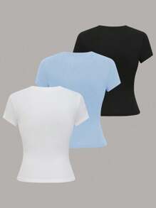 Tween Girls 3pcs Set Slim Fit Casual Minimalist Comfortable Crew Neck Long Sleeve Snug Fit T-Shirt