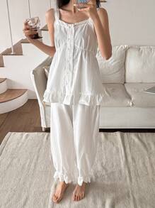 DAZY Sweet Ruffle Trim Camisole Top & Lantern Pants Pajama Set For Women - White - View 3