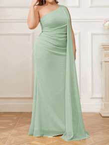 SHEIN Belle Plus Size Chiffon Asymmetrical Neck Bridesmaid Dress With Sequins Decor And Waist Ruched, Party Dress, Wedding Guest Dress, Formal Dress, Evening Dress, Gown