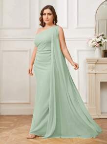 SHEIN Belle Plus Size Chiffon Asymmetrical Neck Bridesmaid Dress With Sequins Decor And Waist Ruched, Party Dress, Wedding Guest Dress, Formal Dress, Evening Dress, Gown