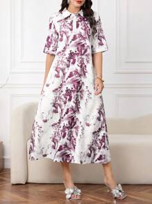 Lacomfia Women's Loose Ink Painting Print Long Sleeve Dress - Burgundy - View 5