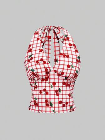 Kawaii Top sin mangas de mujer con estampado a cuadros de estilo country y cerezas, lindo y dulce