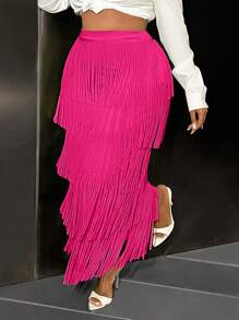 Slaydiva Elegant High-End Avocado Green Fringed Mini Skirt For Women - Hot Pink - View 4