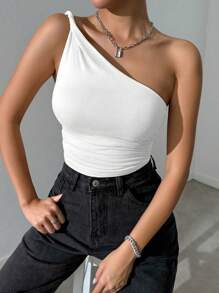 Zolique Women's Solid Color Knot Ruched Bodysuit - White - View 7