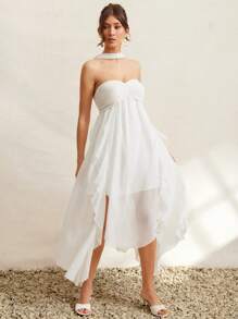 L'Amorae Women's Sexy Strapless Backless Ruffle Hem Maxi Dress - White - View 5