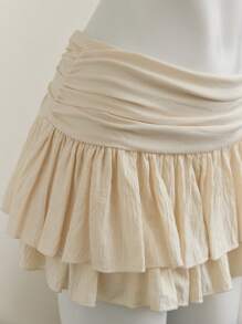 Elamini Khaki Pleated Waist Layered Chiffon Flowy A-Line Mini Skirt, Elegant Vacation Style - Beige - View 3