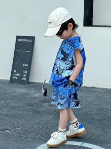2pcs Kids Young Boys Leisure Japanese And Korean Academy Comfortable, Fashionable, Simple, Practical, Versatile Cartoon Anime Printed Loose Tank Top And Shorts Two Pieces Set, Suitable For Outdoor Play, School, Street Photography, Party And Home Leisure, Suitable For School, Sports, Vacation, Home And Outdoor, Suitable For Spring And Summer Seasons