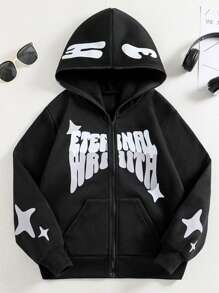 SHEIN Explorewe 青少年女孩连帽时尚图案印花羊毛套头衫，暗黑朋克街头时尚秋冬款 - 黑色 - 查看 4