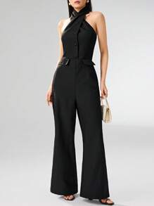 Modelyn Women's Elegant Black Halter Neck Sleeveless Jumpsuit With Button Details And Long Length Woven Fabric - Black - View 5
