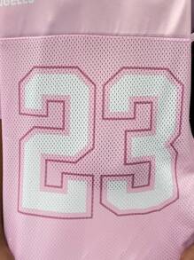 Áo thun cổ chữ V tay ngắn in họa tiết lưới gân phong cách đường phố cho bé gái tuổi mới lớn, mùa xuân/hè - Hồng - Xem 4