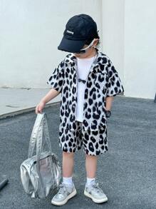 SHEIN 2 Pieces Young Boy Casual Sports Leopard Print Shirt And Shorts Set,Summer Kids Outfits For School,Daily Leisure,Vacation,Travel,Birthday Party - Multicolor - View 8