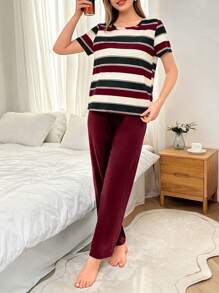2 件套女士撞色条纹印花短袖上衣和裤子睡衣套装 - 彩色 - 查看 7
