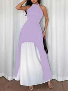 Gloray Elegant Lavender Summer Tea Party Women's Suit,X-Design Collar Sleeveless Short Front Long Back Halter Shirt With White Elastic Waist Long Dress - Purple - View 5