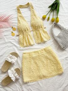 Soleia Bộ 2 món đồ vải họa tiết hoa mùa hè cho nữ, hở eo, buộc dây màu vàng, dùng cho tiệc tùng, đêm hẹn hò gợi cảm, kỳ nghỉ, lễ hội âm nhạc, phong cách Boho - Màu vàng - Xem 3