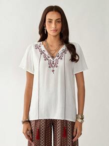 Florisole Women's Boho Tie Neck Blouse With Delicate Embroidery, Short Sleeves, Regular Length - White - View 5