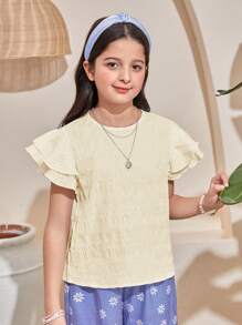 SHEIN Tween Girls Textured Woven Round Neck Ruched Ruffle Trim Cap Sleeve Fitted Casual Top, Resort Style, French Elegant, Suitable For Spring Outing & Vacation