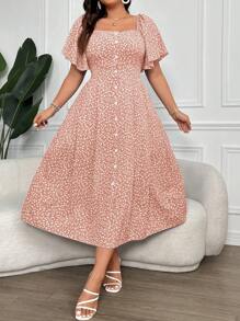 SHEIN Clasi Đầm Maxi Cổ Vuông In Hoa Cỡ Lớn Cho Nữ Trang Phục Nữ - Màu Hồng baby - Xem 3