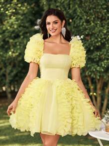 Lovelzi 夏季优雅浪漫华丽浅黄色欧根纱纹理设计泡泡袖方领泡泡裙，适合晚餐单身派对约会生日假期返校季毕业季音乐节、婚礼活动舞会礼服、婚礼宾客礼服 - 黃色 - 查看 3