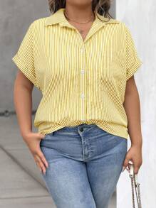 Vionelle Plus Size Summer Casual Striped Front Button Bat-Wing Sleeve Shirt - Yellow - View 4