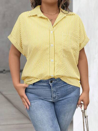 Vionelle Camisa de talla grande de verano informal con rayas, botones delanteros y mangas tipo murciélago