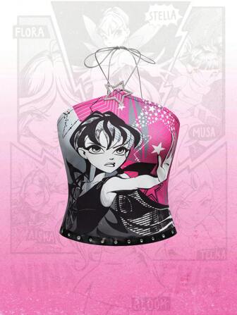 Winx Club X ROMWE Top halter corto con gráfico de figura y decoración de estrella de rhinestone con estilo Y2K
