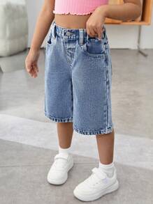SHEIN Courts en jean bleus amples avec broderie de nœud rose pour jeune fille, style Y2K 2025, Pâques neuf
