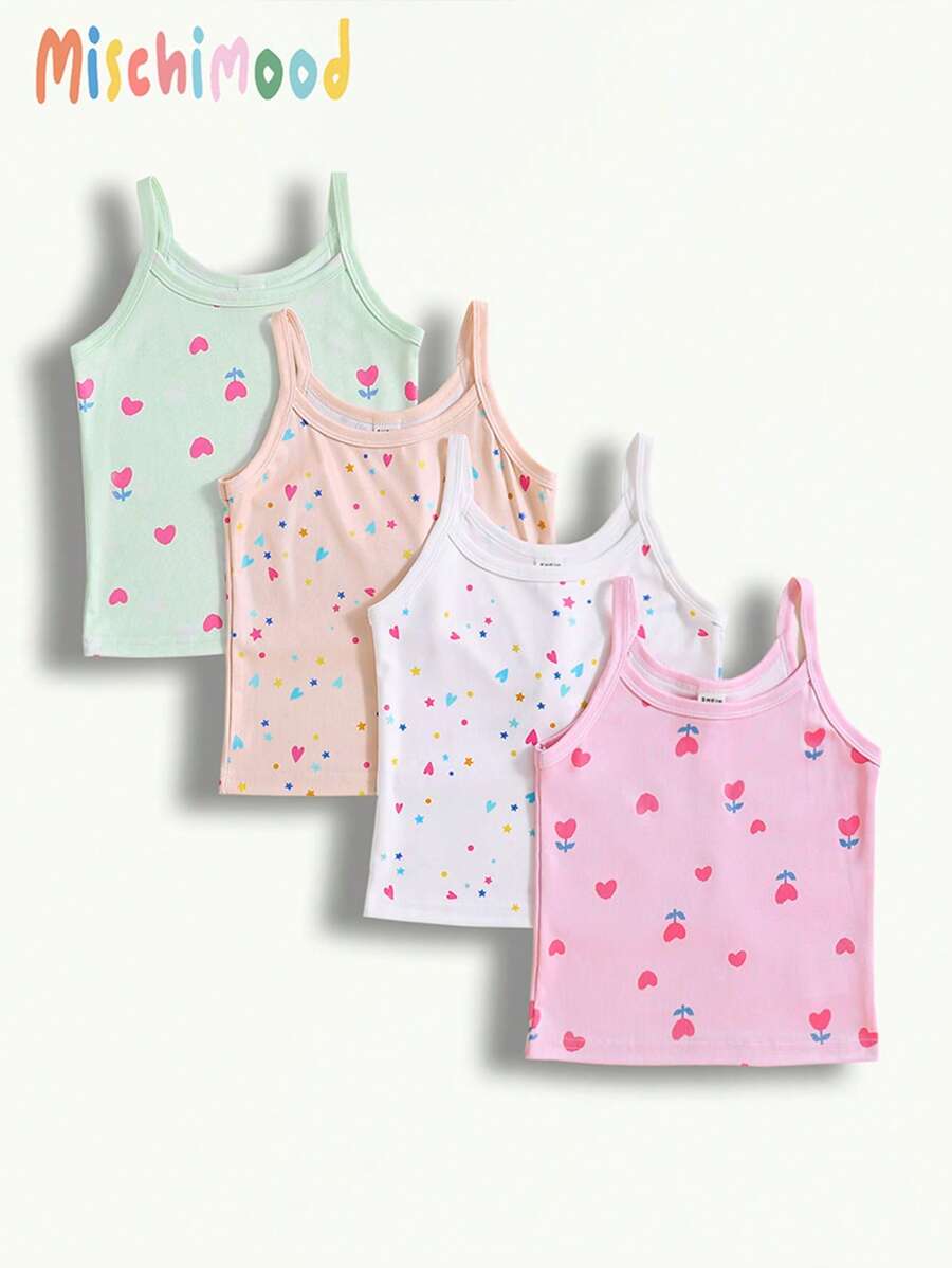 SHEIN 4pcs/Set Young Girl' Cute Floral Heart Star Print Camisole Underwear Set Toddler Girl Tank Tops Cute Tanks Tank Tops For Young Girls Girl Undershirts