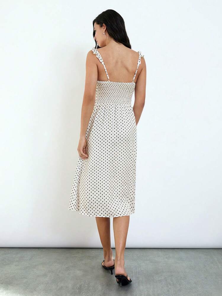 SHEIN Maija 2025 New Spring & Summer Boho Music Festival Vacation Dress, Retro Polka Dot Adjustable Spaghetti Strap, Front Tie Design, A-Line Hem, Elegant For Wedding Guest, Brunch, Airport, Party & Daily Wear, Sleeveless For Women